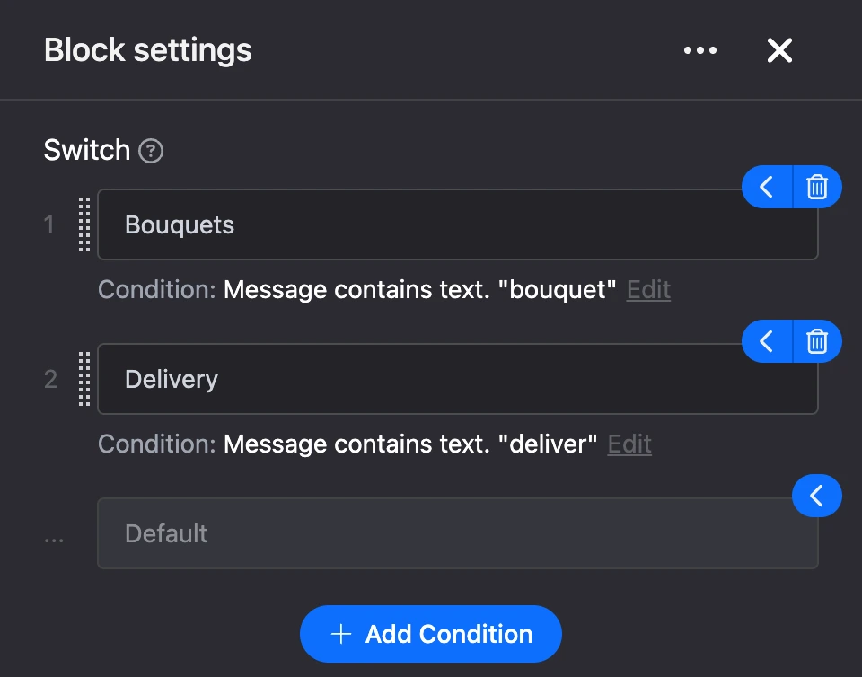 Settings panel of the "Switch" block