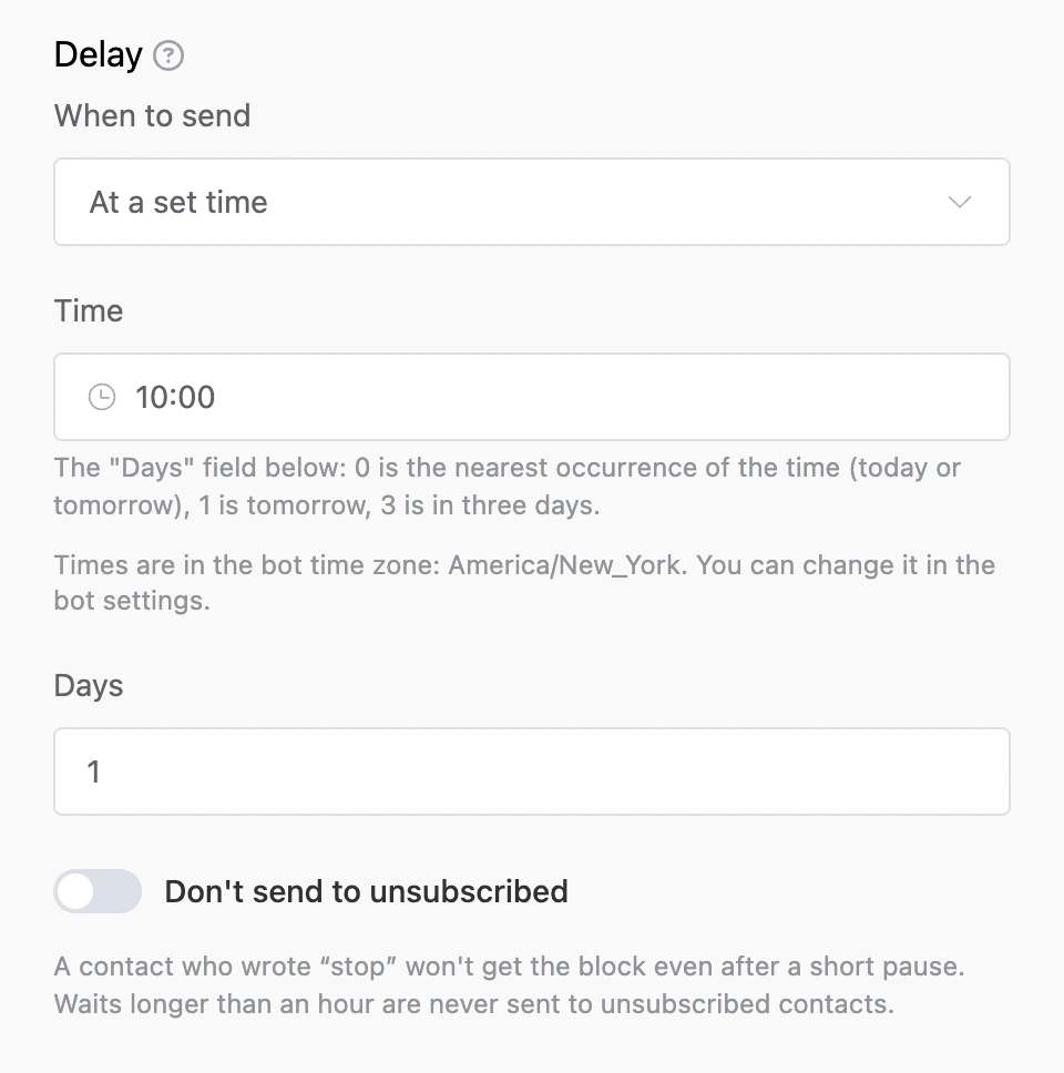 The "At a set time" mode: time 10:00, days — 1, a hint about the bot time zone