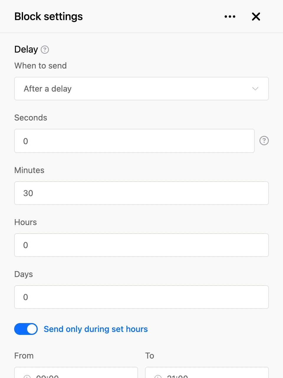 Settings panel of the "Delay" block