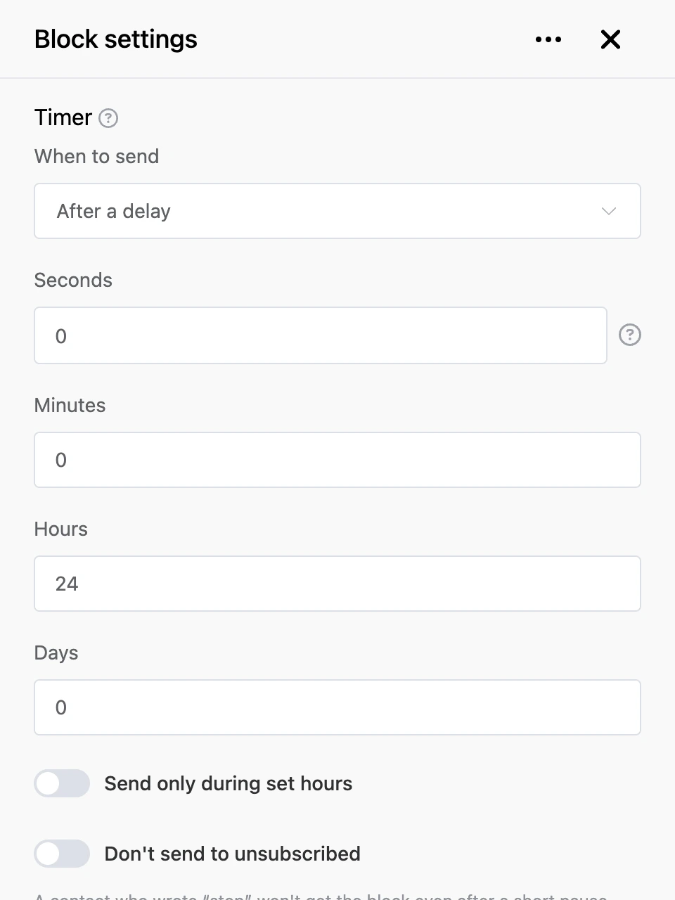 Settings panel of the "Timer" block