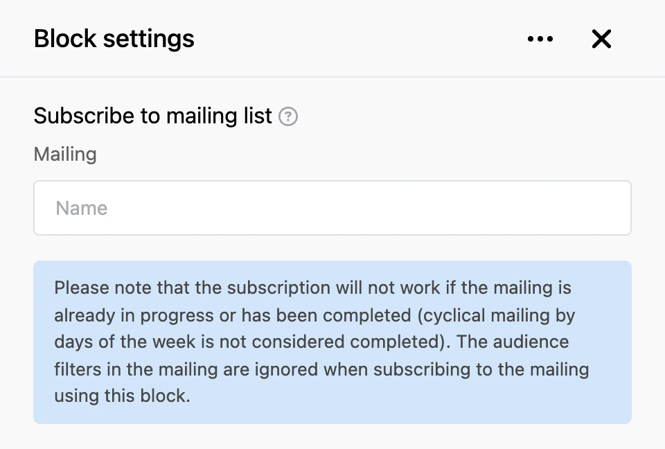 Settings panel of the "Subscribe to mailing list" block
