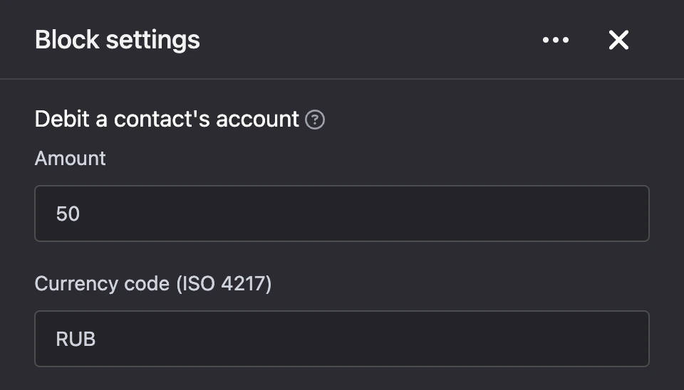 Settings panel of the "Debit a contact's account" block
