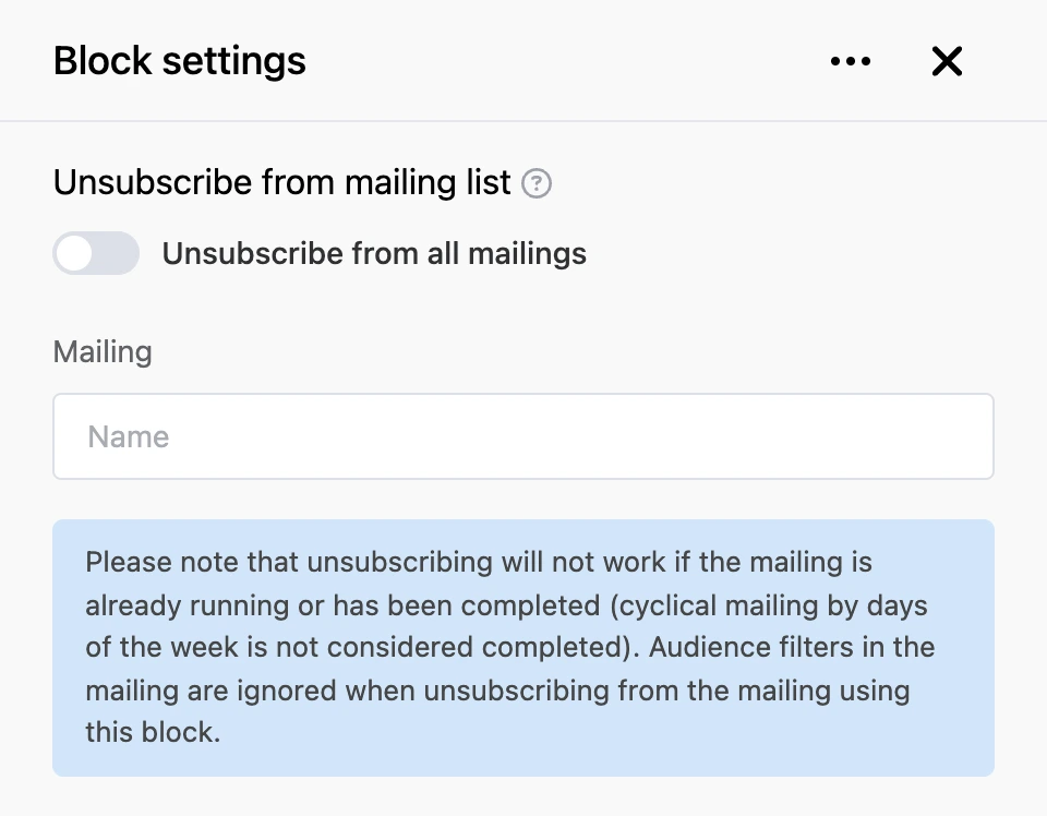 Settings panel of the "Unsubscribe from mailing list" block
