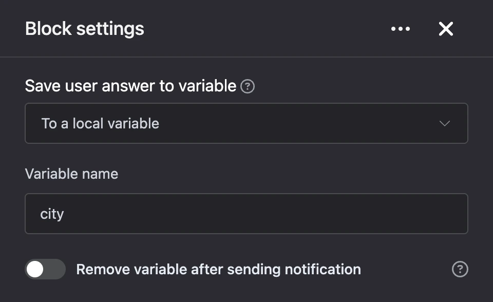 Settings panel of the "Save user answer to variable" block