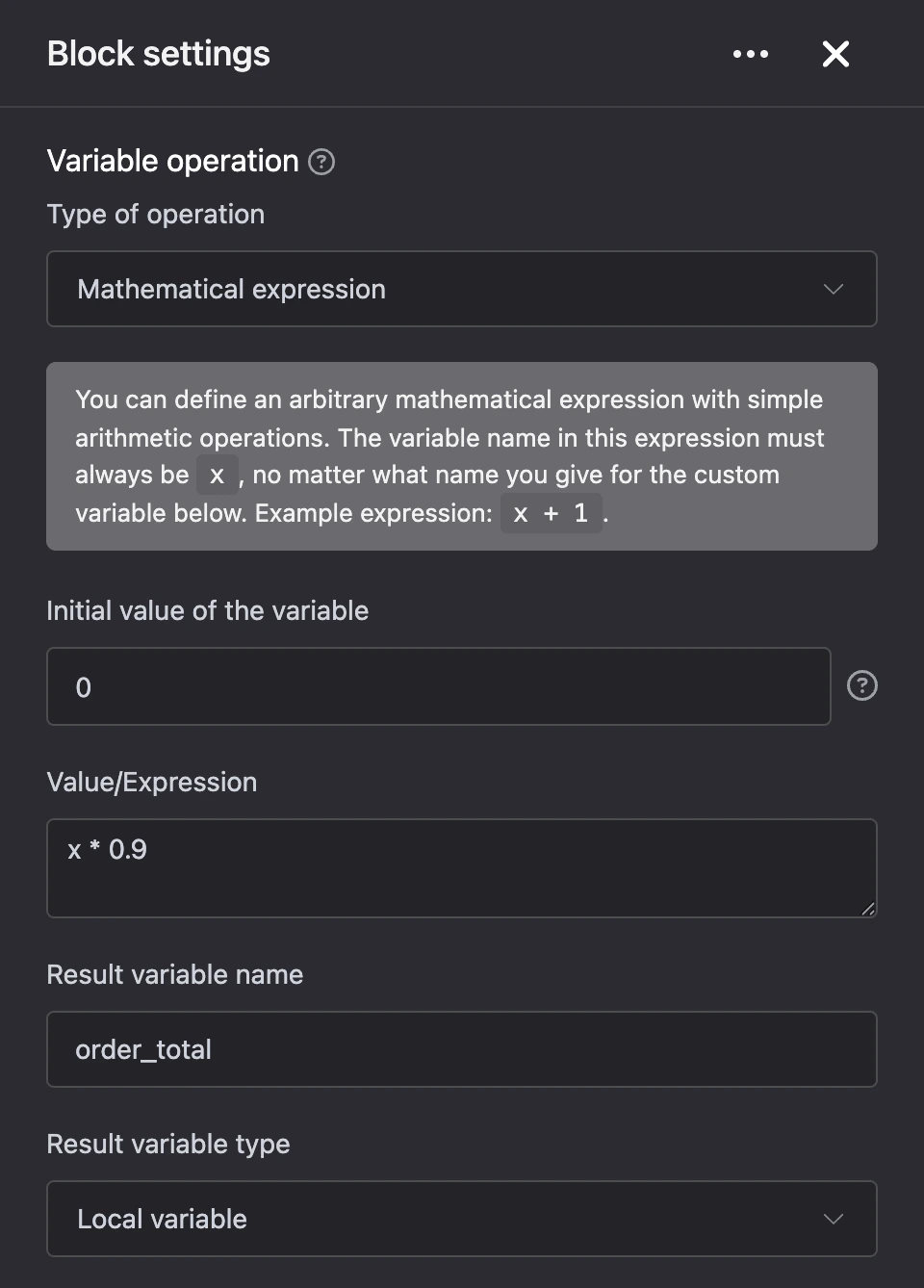 "Variable operation" block: a 10% discount on the order total with the expression x * 0.9