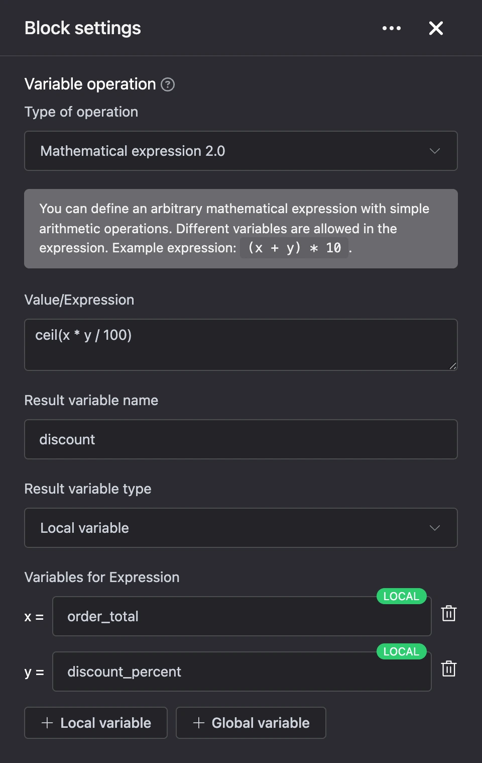 "Variable operation" block: the discount is calculated from the order total and the discount percentage