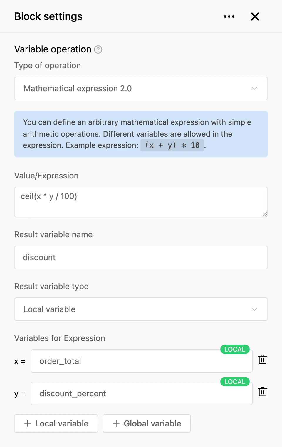 "Variable operation" block: the discount is calculated from the order total and the discount percentage