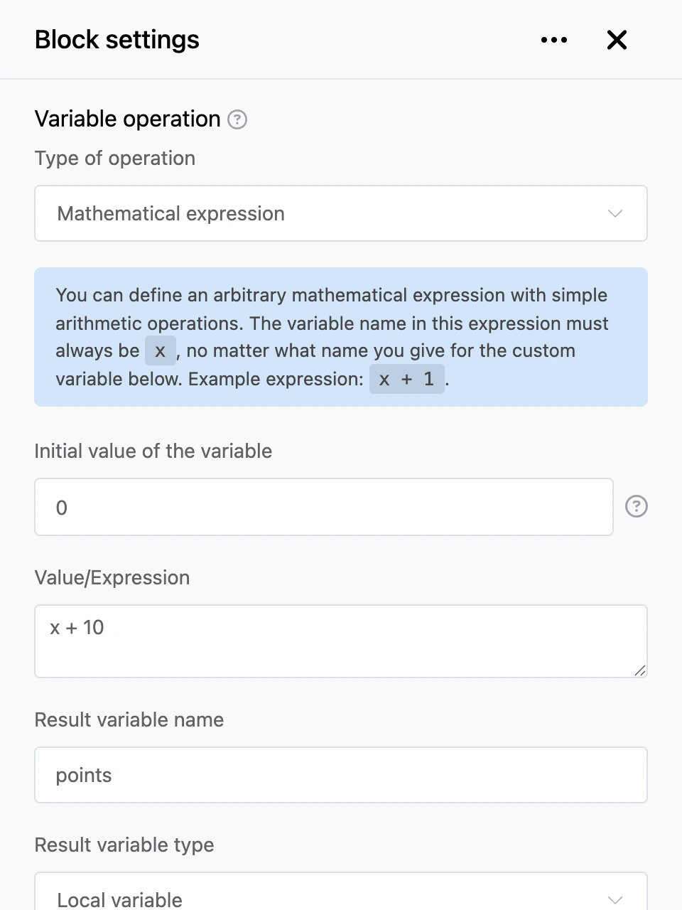 Settings panel of the "Variable operation" block