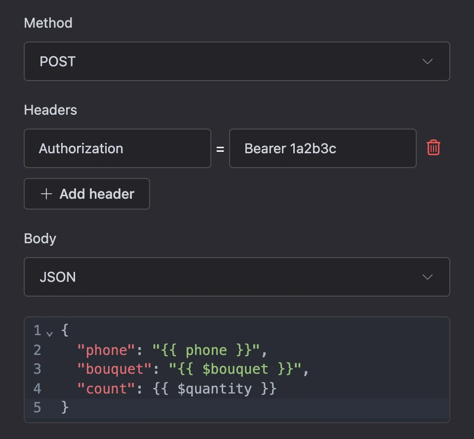 A POST request with an Authorization header and a JSON body with templates