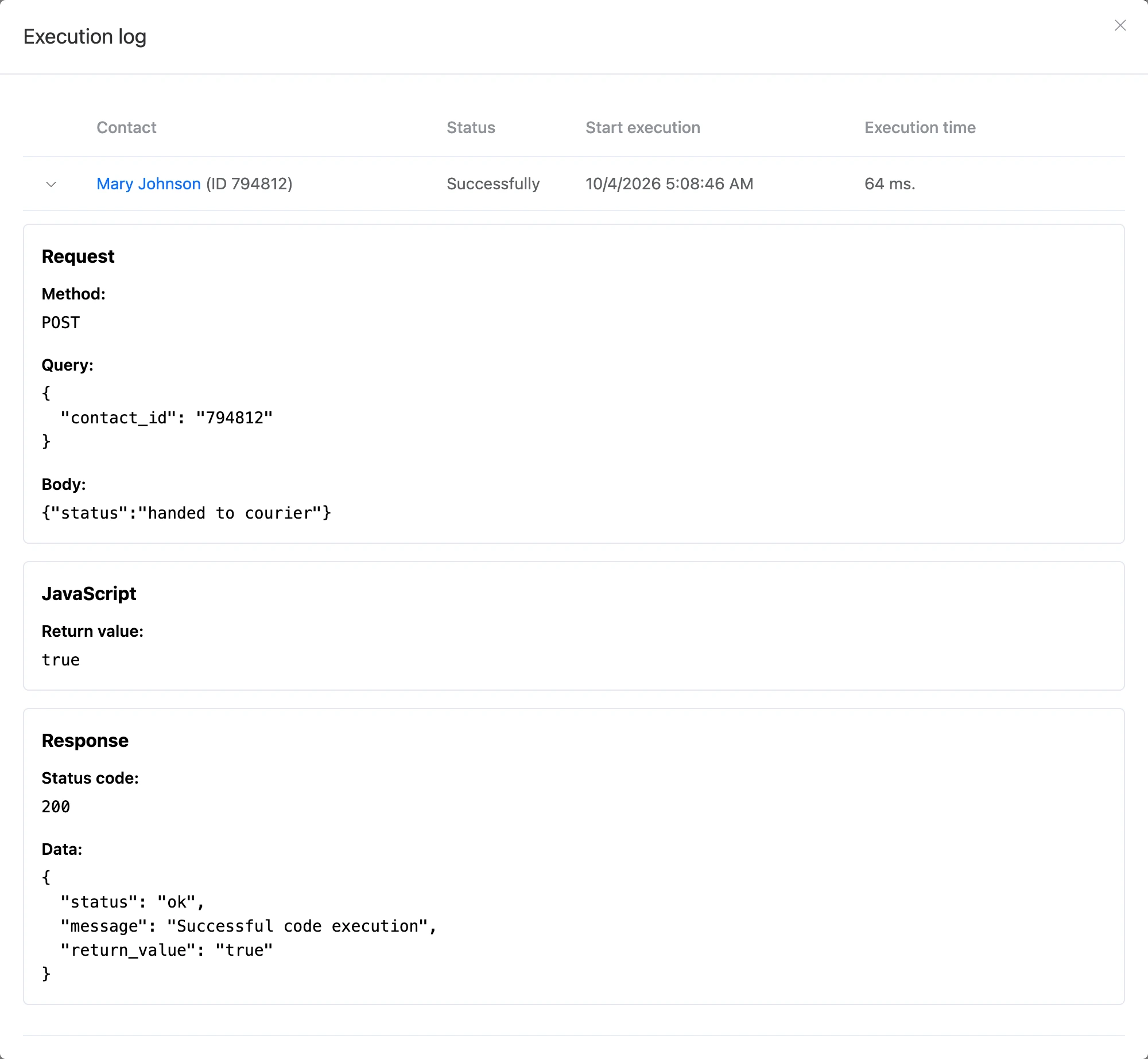 The incoming webhook "Execution log": request method, parameters and body, return value and the block response