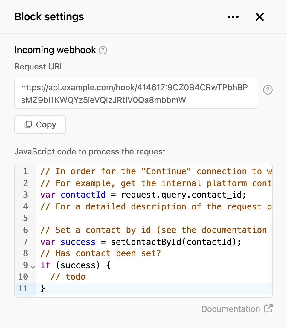 Settings panel of the "Incoming webhook" block