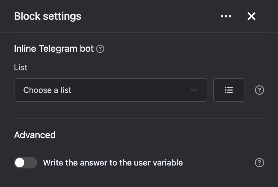 Settings panel of the "Inline Telegram bot" block