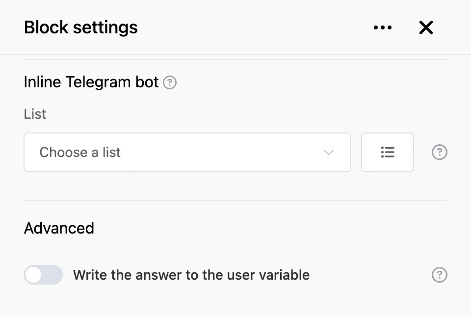 Settings panel of the "Inline Telegram bot" block