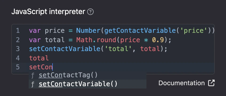 Code editor with a hint: for "setCon" it suggests setContactTag() and setContactVariable()