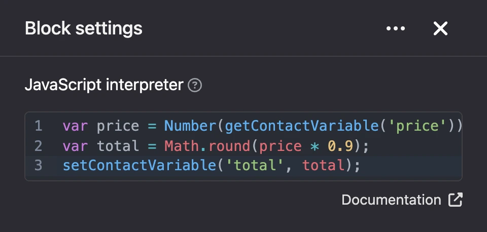 Settings panel of the "JavaScript interpreter" block
