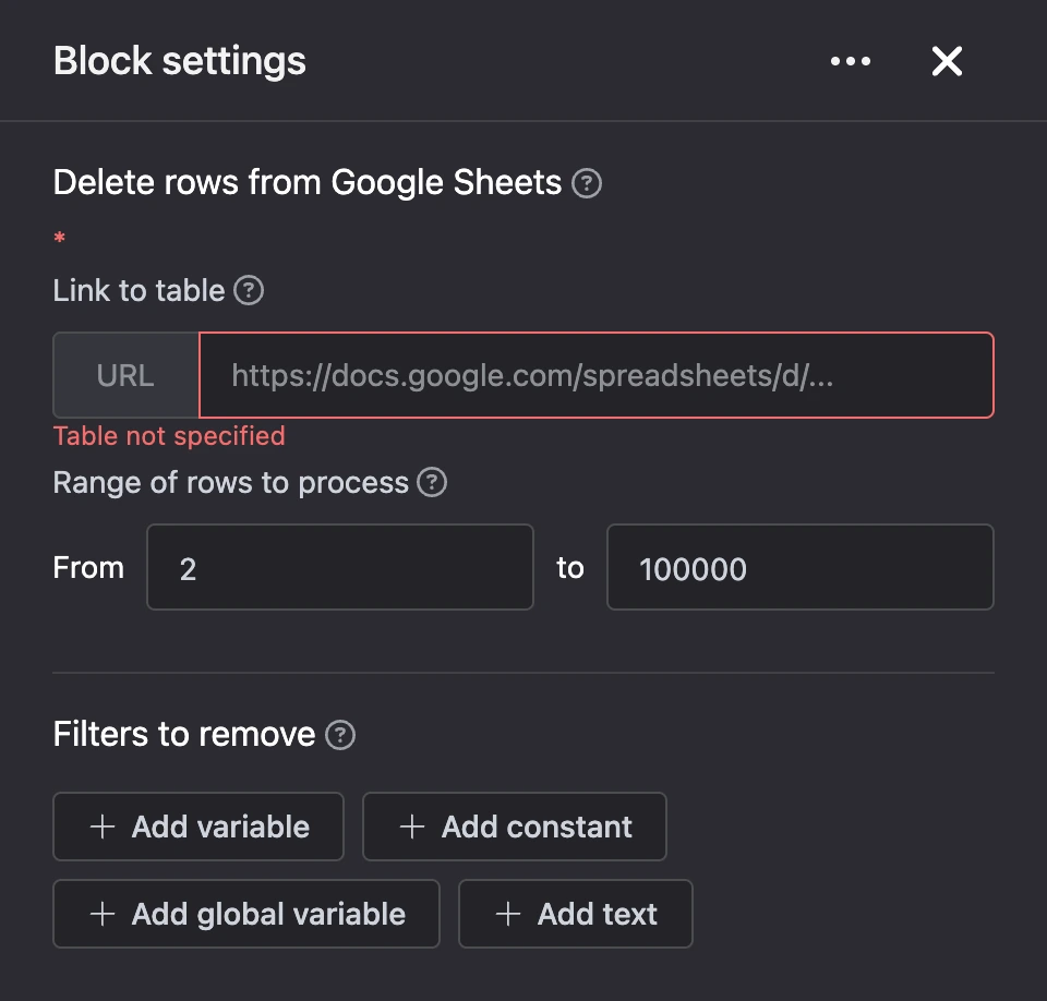 Settings panel of the "Delete rows from Google Sheets" block