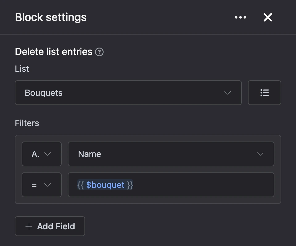 Settings panel of the "Delete list entries" block