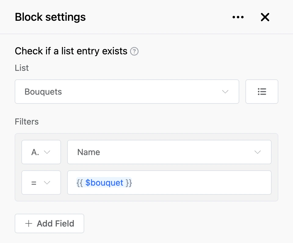 Settings panel of the "Check if a list entry exists" block