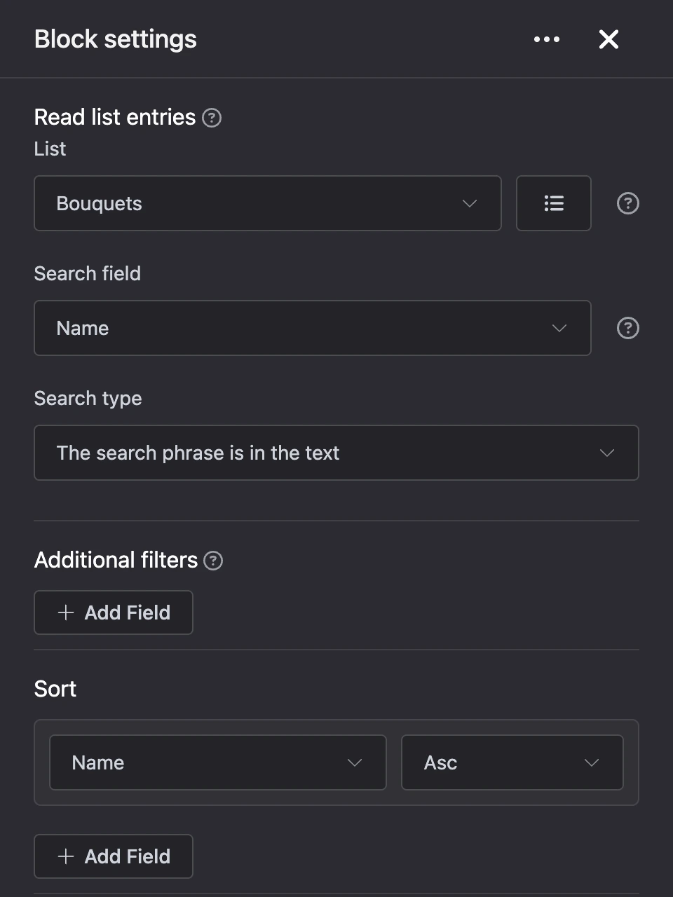 Settings panel of the "Read list entries" block