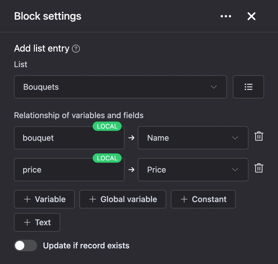 Settings panel of the "Add list entry" block