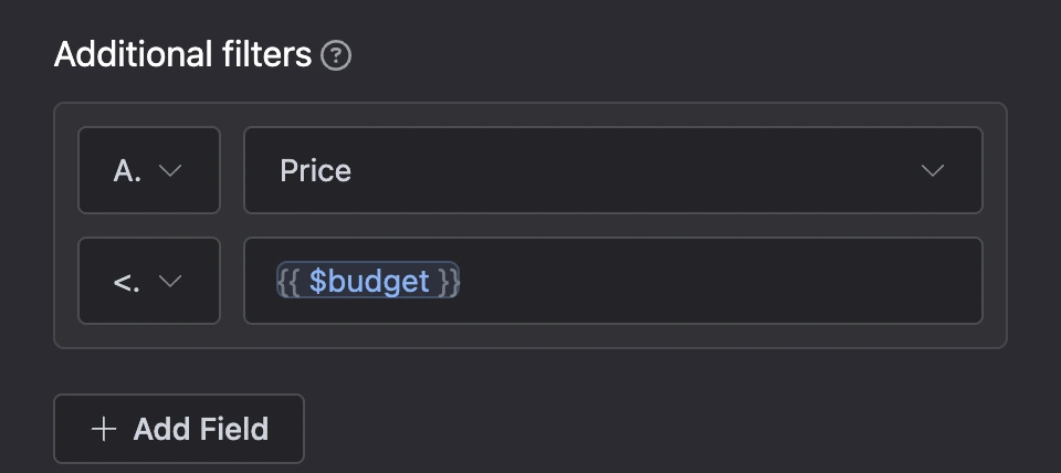 A read block filter: the "Price" field is less than or equal to the "budget" variable
