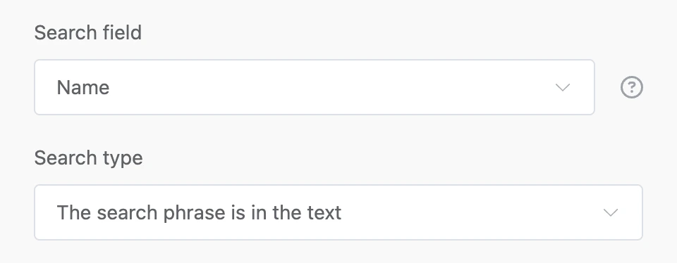 Search by the contact phrase: the "Name" field, "The search phrase is contained in the text"
