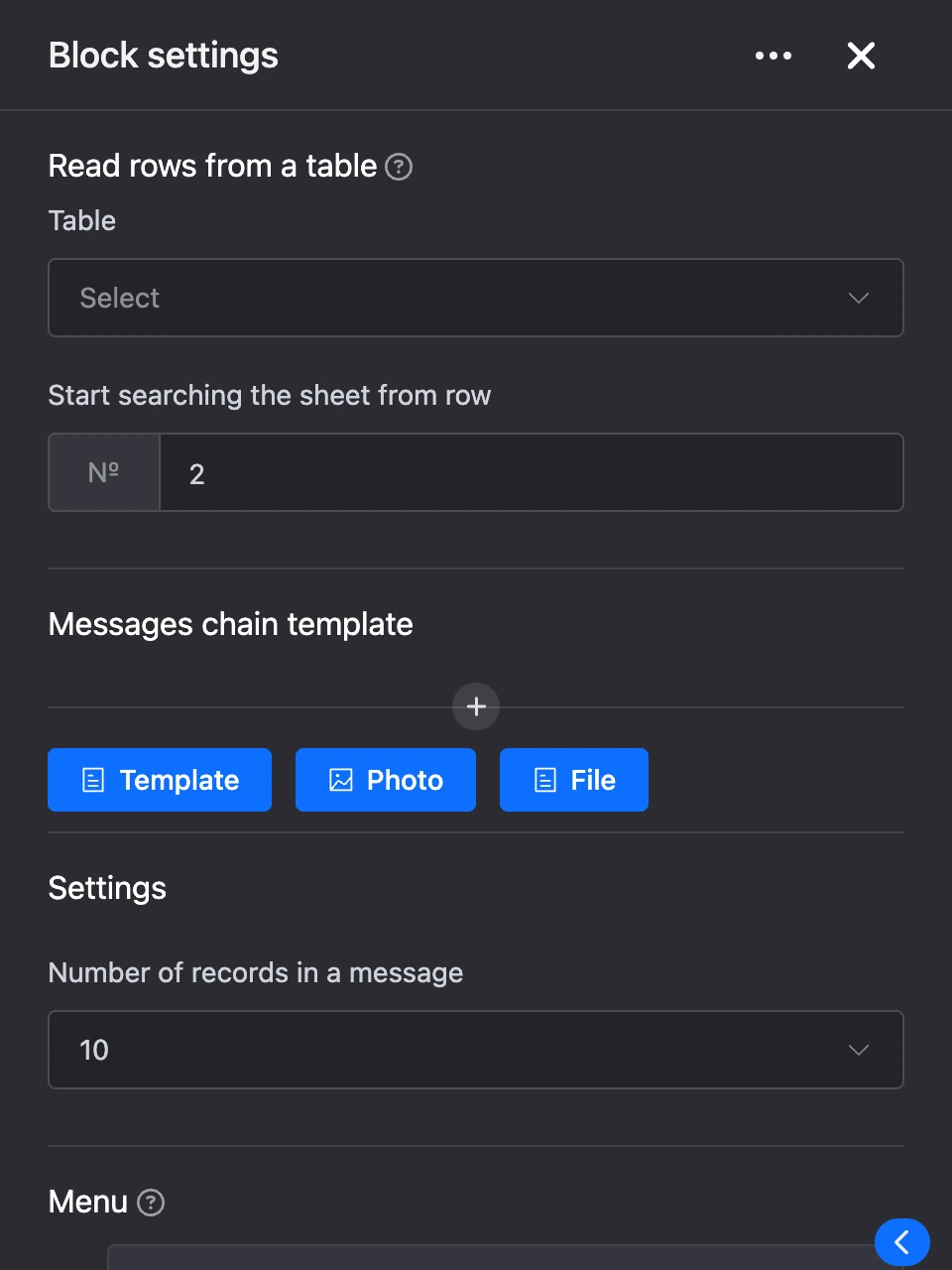Settings panel of the "Read rows from a table" block