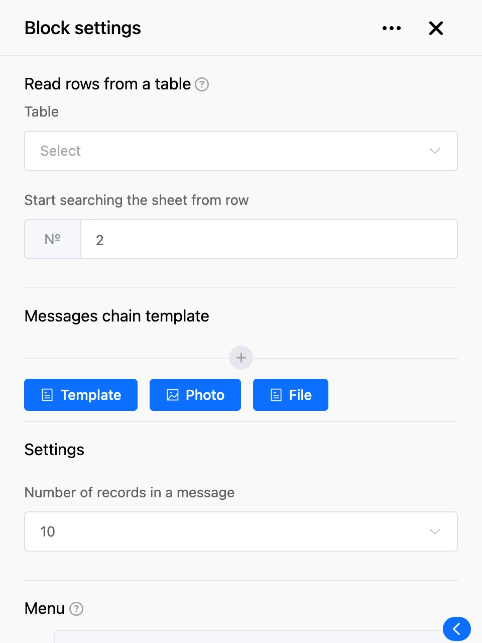 Settings panel of the "Read rows from a table" block