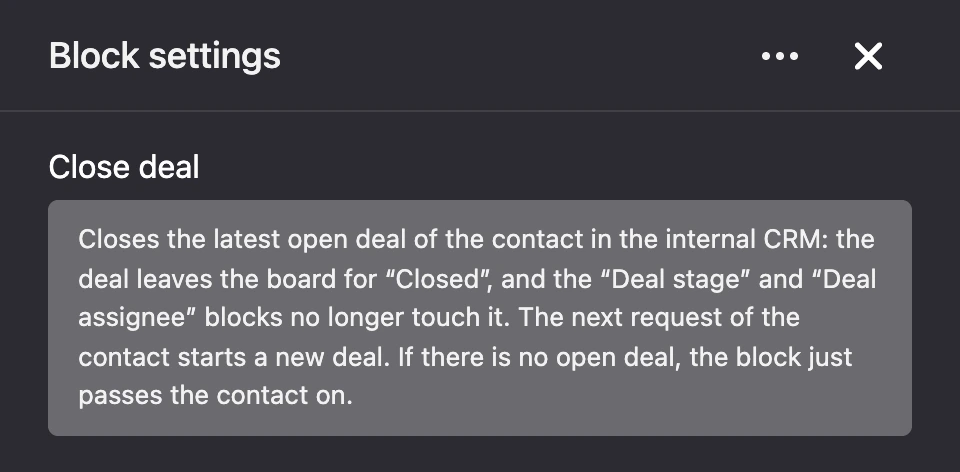 Settings panel of the "Close deal" block