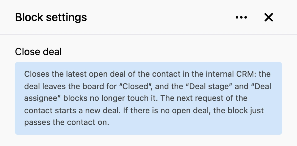 Settings panel of the "Close deal" block