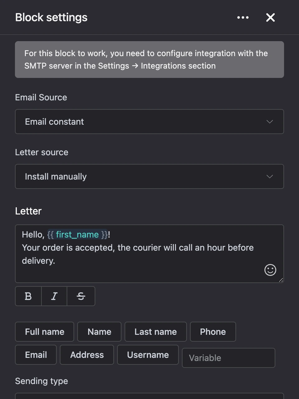 Settings panel of the "Send email" block