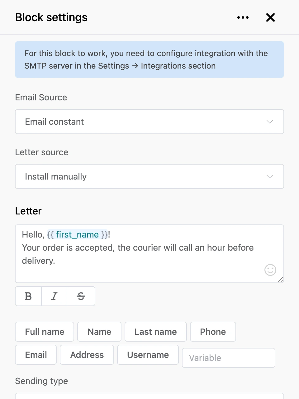 Settings panel of the "Send email" block