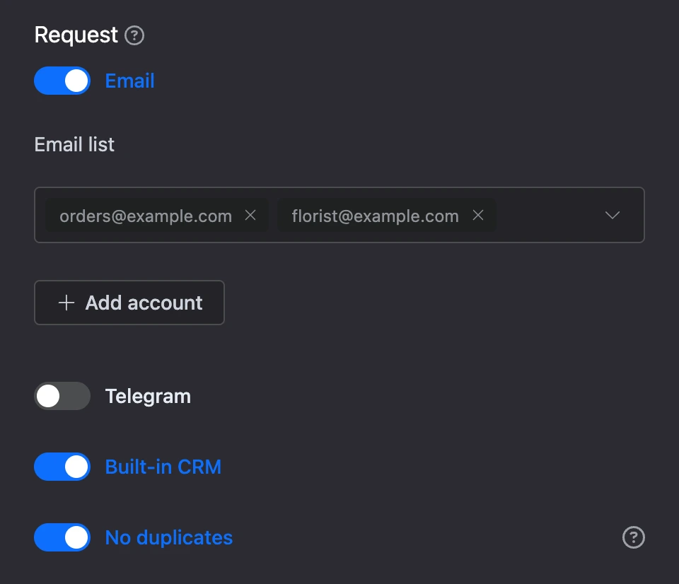 The "Request" block: Email with two recipients, internal CRM and "No duplicates" are on