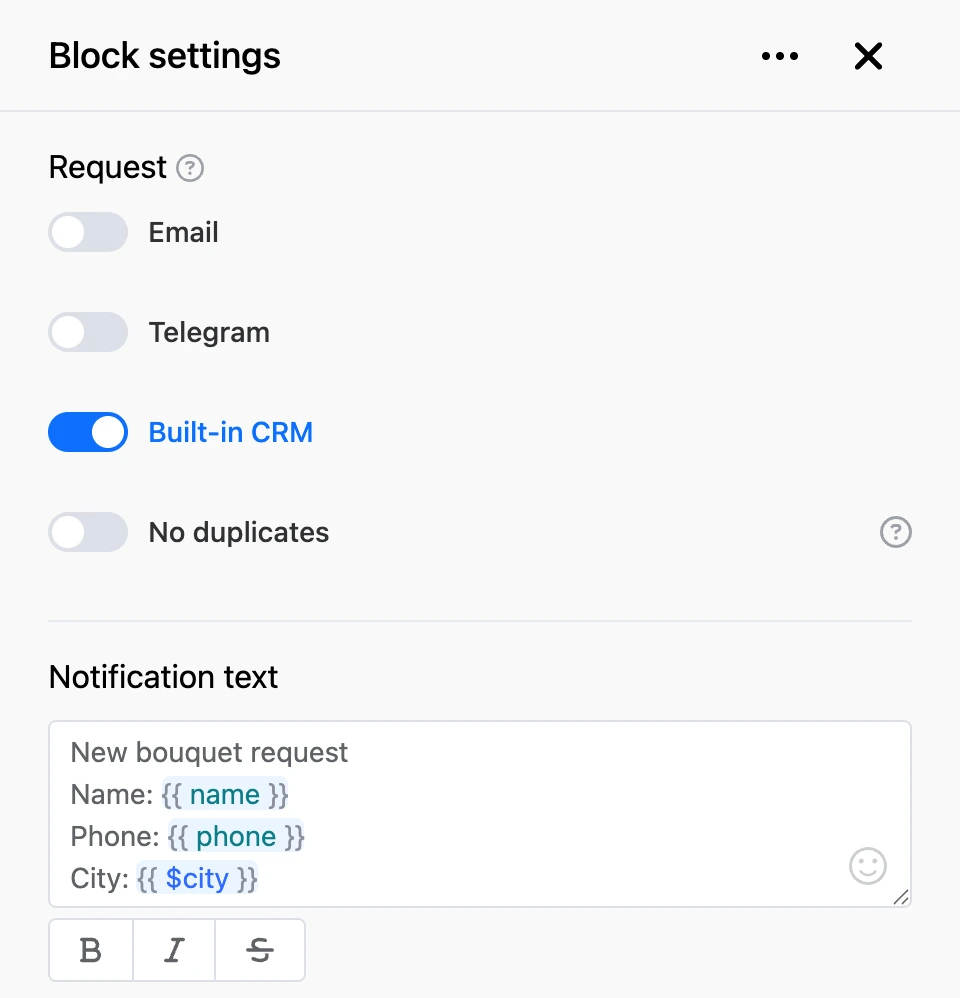 Settings panel of the "Request" block