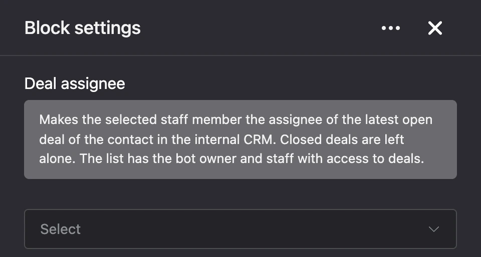 Settings panel of the "Deal assignee" block