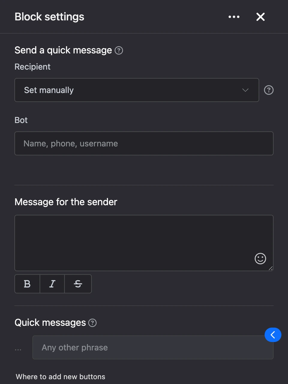Settings panel of the "Send a quick message" block