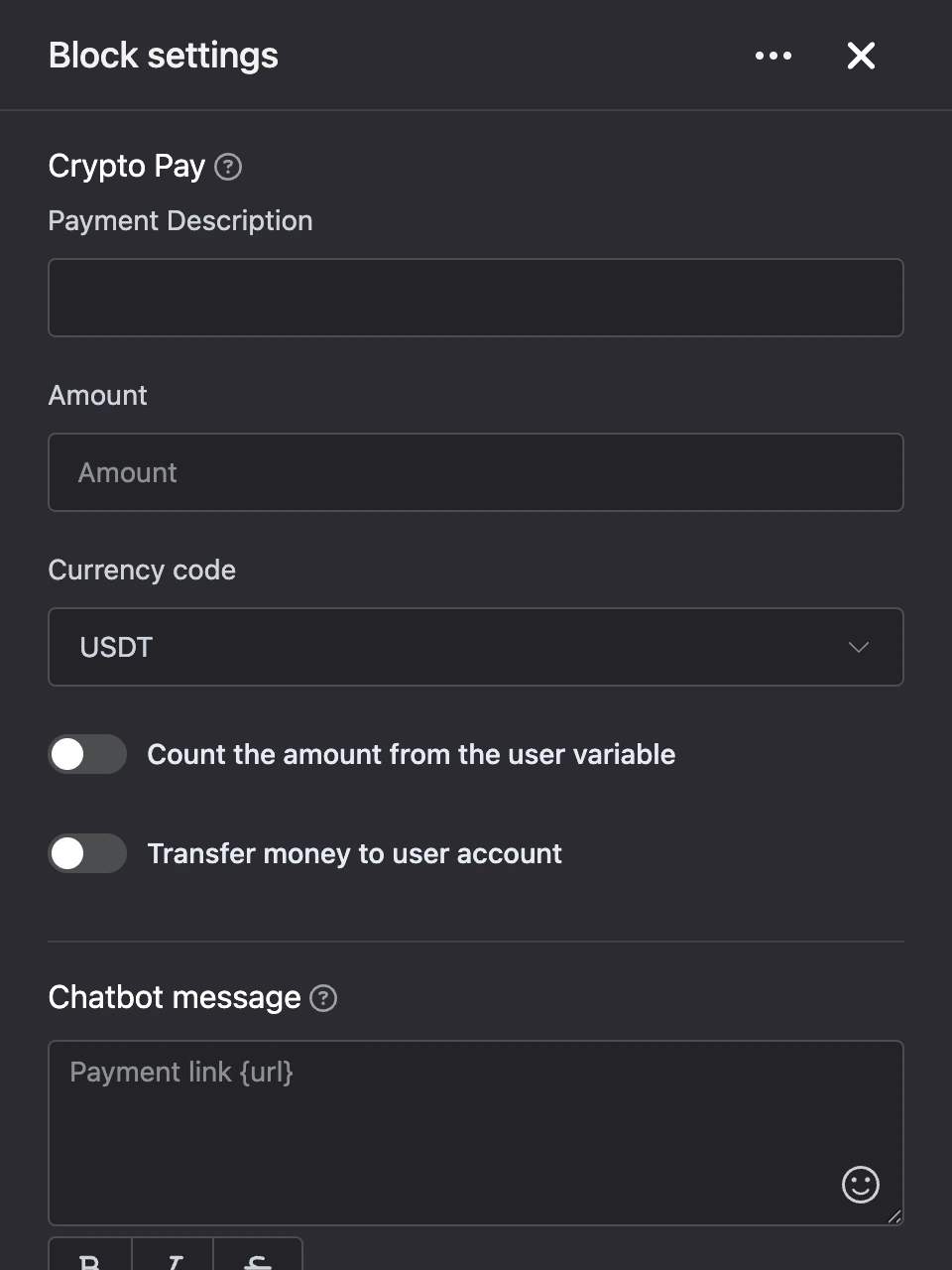 Settings panel of the "Crypto Pay" block