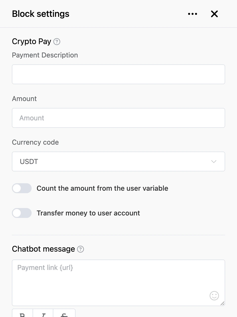 Settings panel of the "Crypto Pay" block