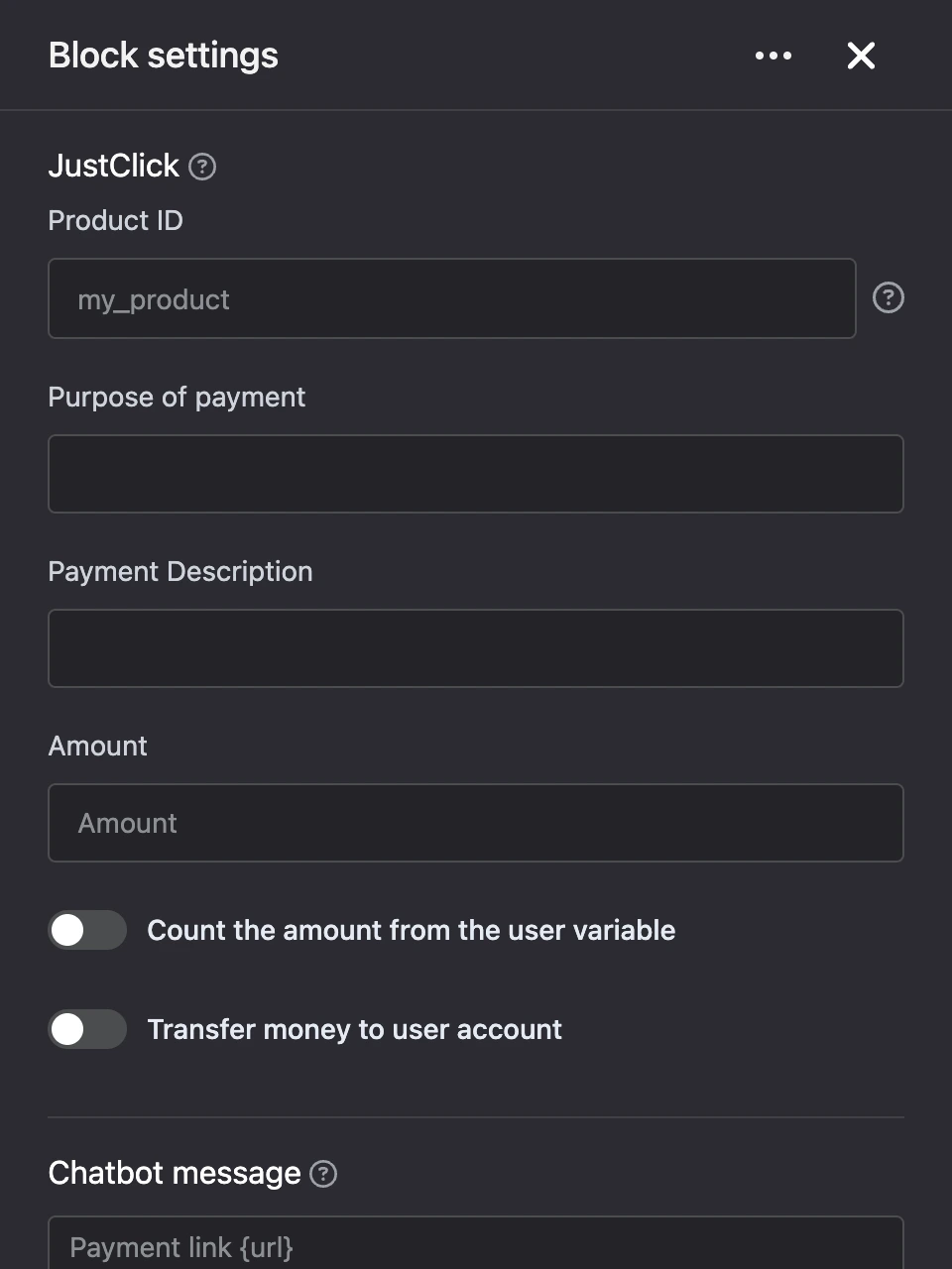 Settings panel of the "JustClick" block
