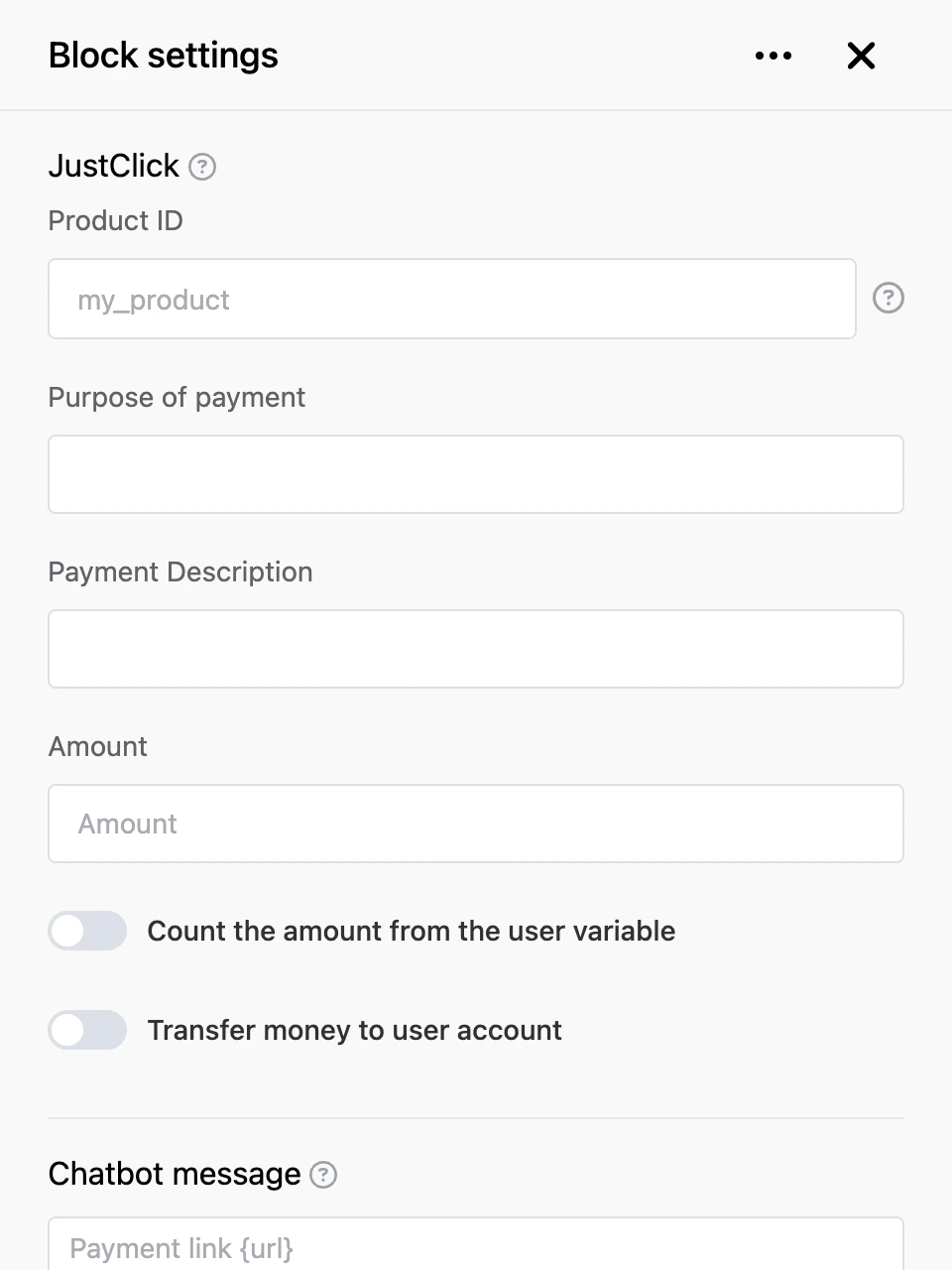 Settings panel of the "JustClick" block