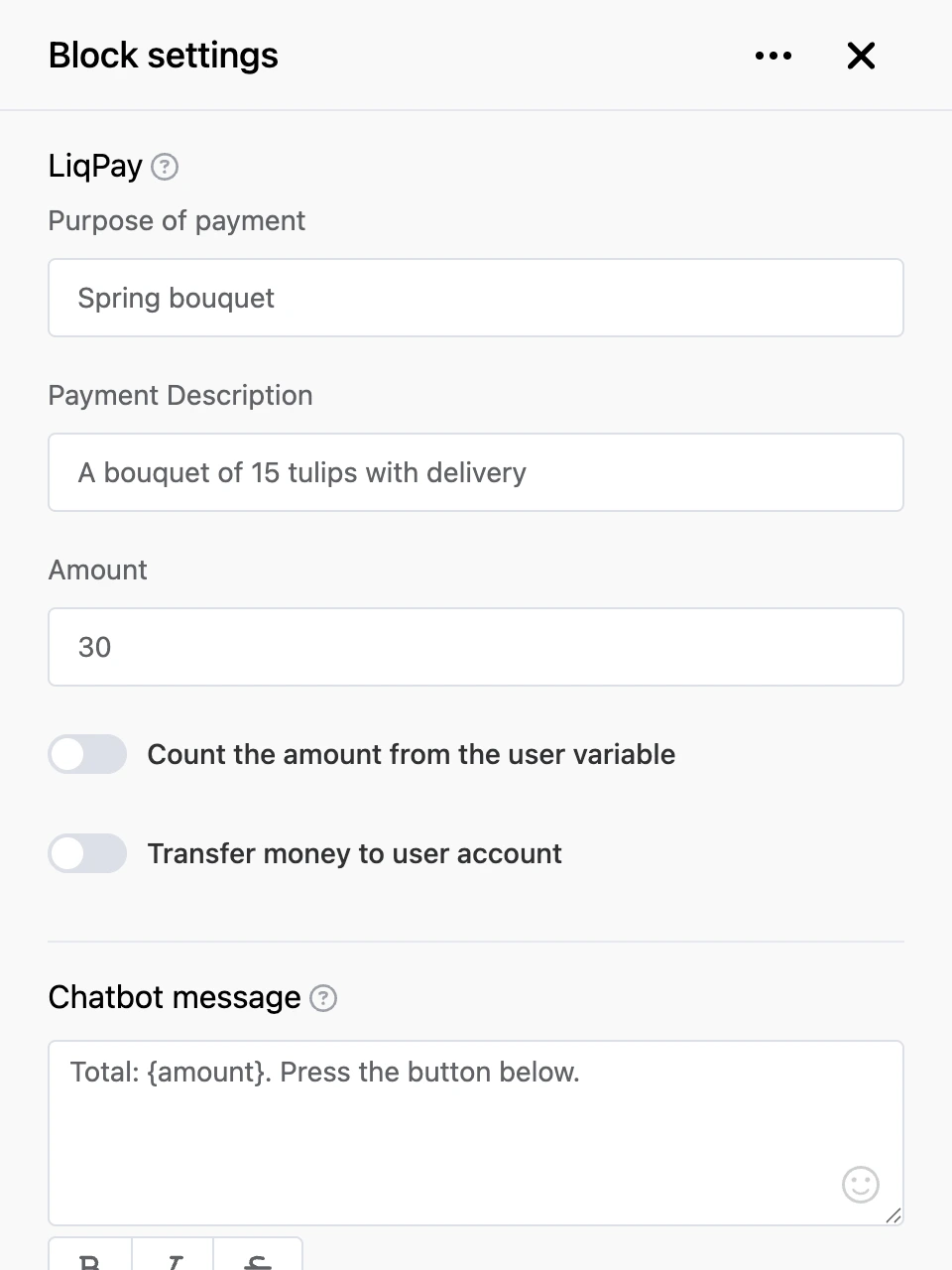 Settings panel of the "LiqPay" block