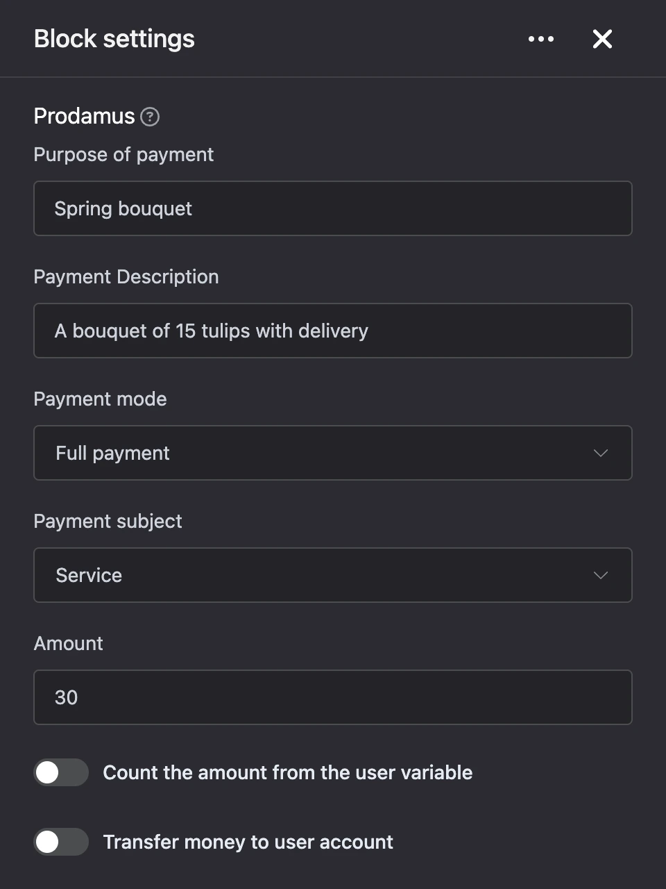 Settings panel of the "Prodamus" block