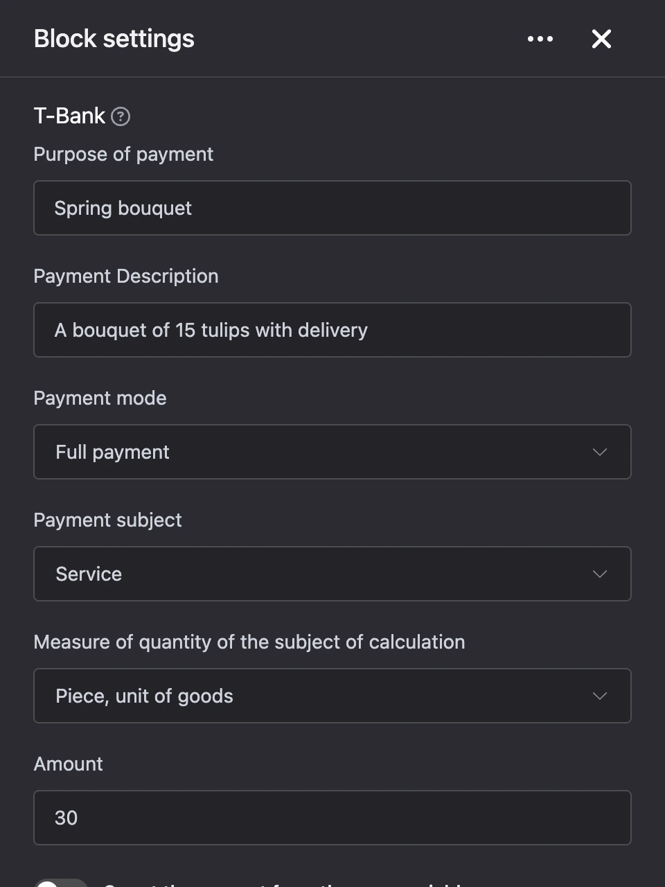 Settings panel of the "T-Bank" block