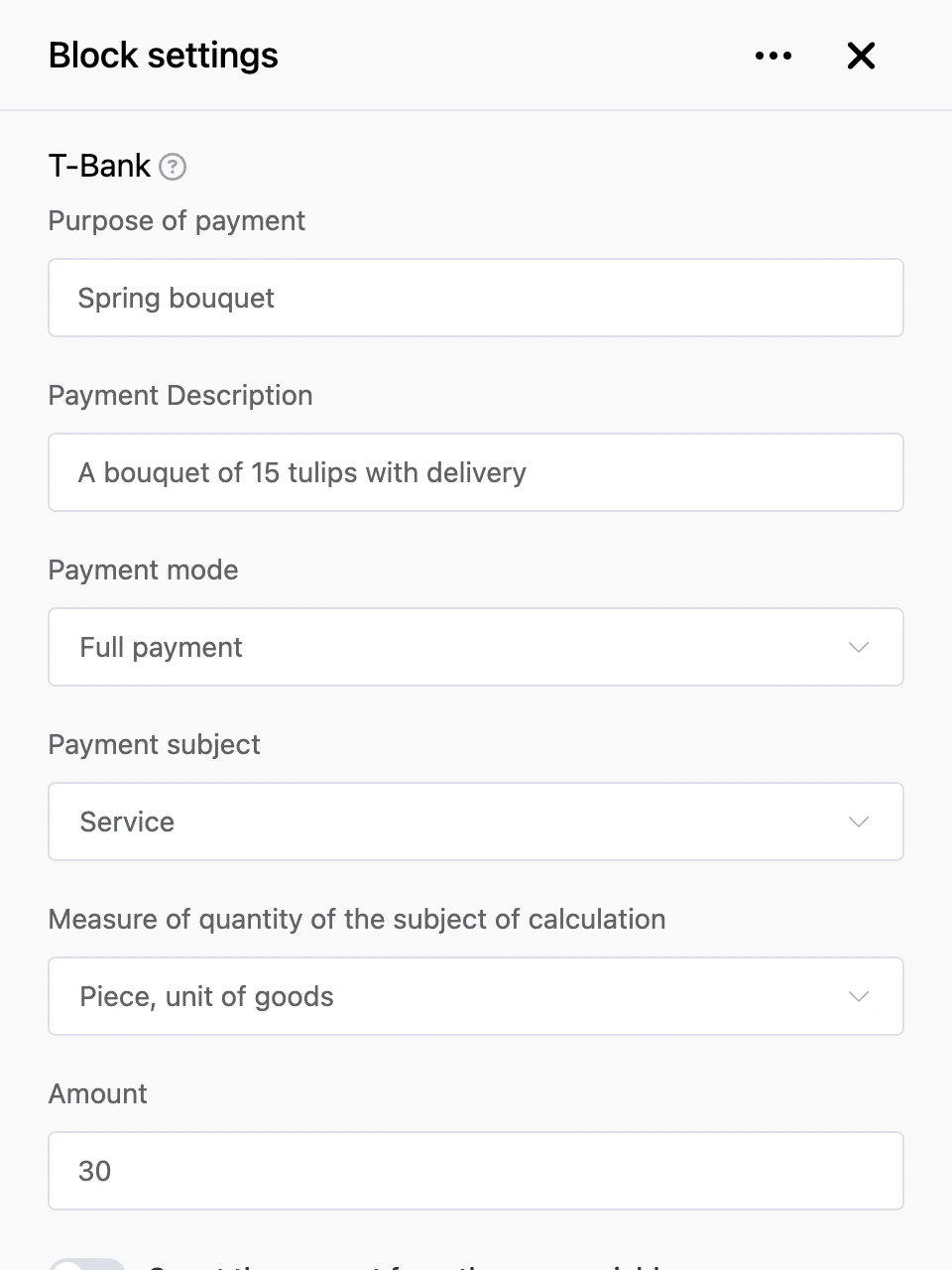 Settings panel of the "T-Bank" block