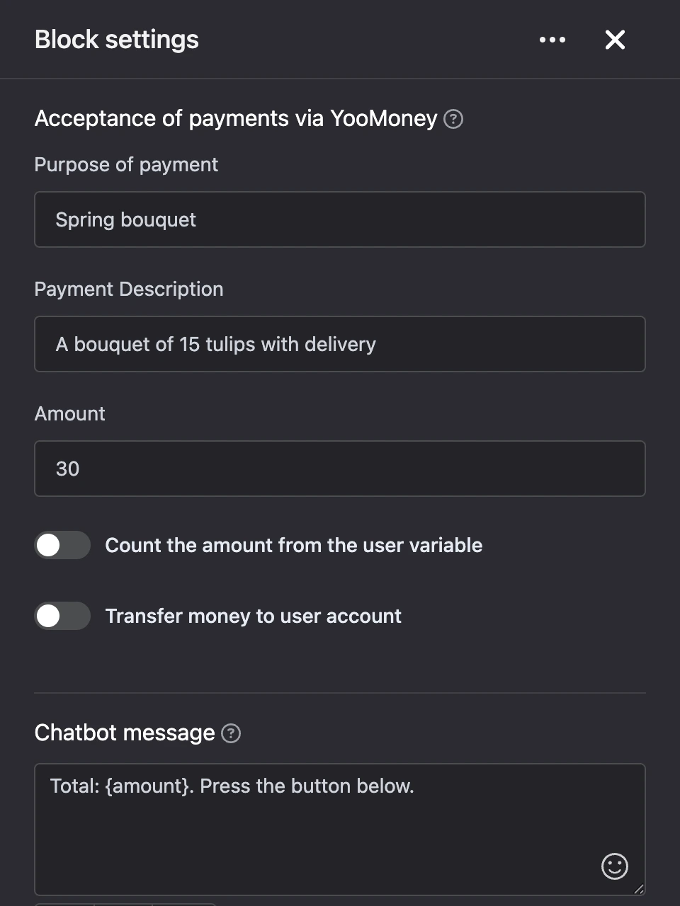Settings panel of the "YooMoney" block
