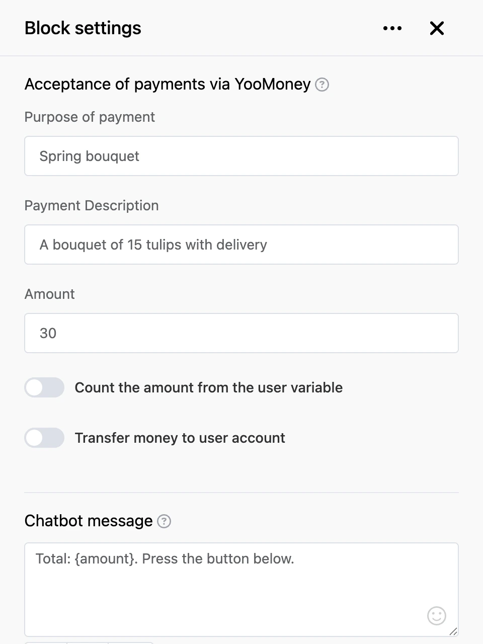 Settings panel of the "YooMoney" block