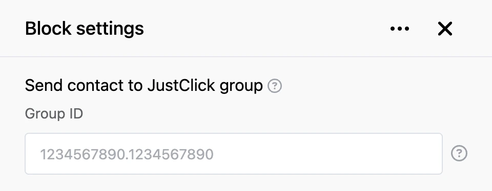 Settings panel of the "Send contact to JustClick group" block