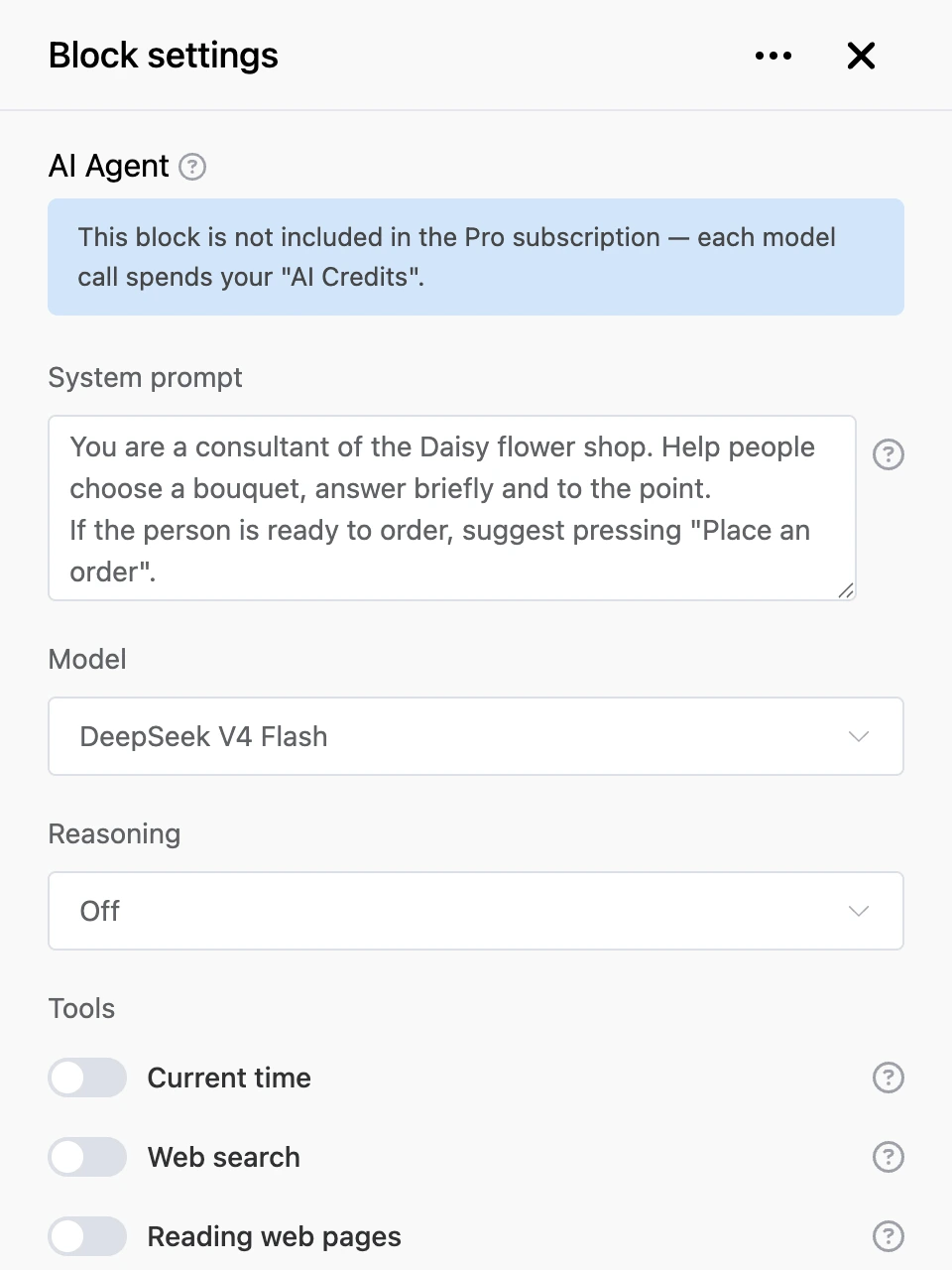 Settings panel of the "AI Agent" block: system prompt, model and tools