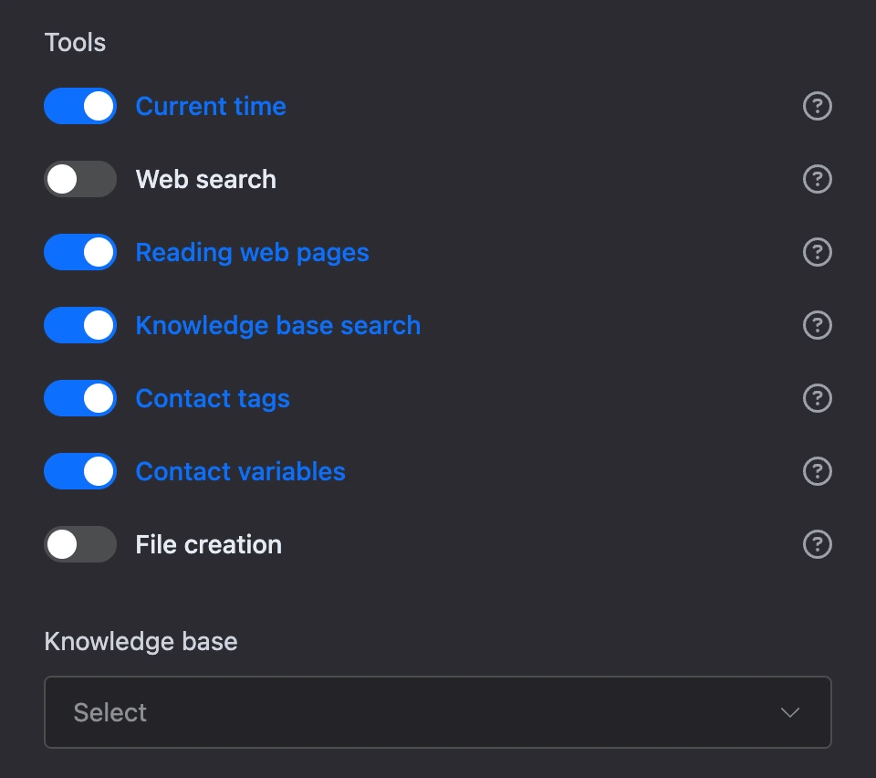 AI agent tools: current time, reading web pages, knowledge base search, contact tags and variables are on; below is the "Knowledge base" field
