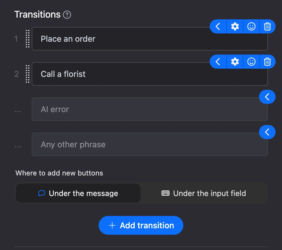 The "Transitions" section: "Place an order" and "Call a florist", below are "AI error" and "Any other phrase"